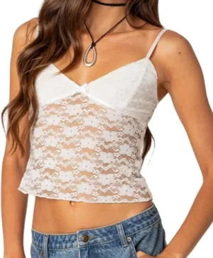 Women Sexy Lace Camisole Cute Crop Tops Sleeveless Slim Fit Low-Cut Mesh See-Through Y2K Tops Shirt