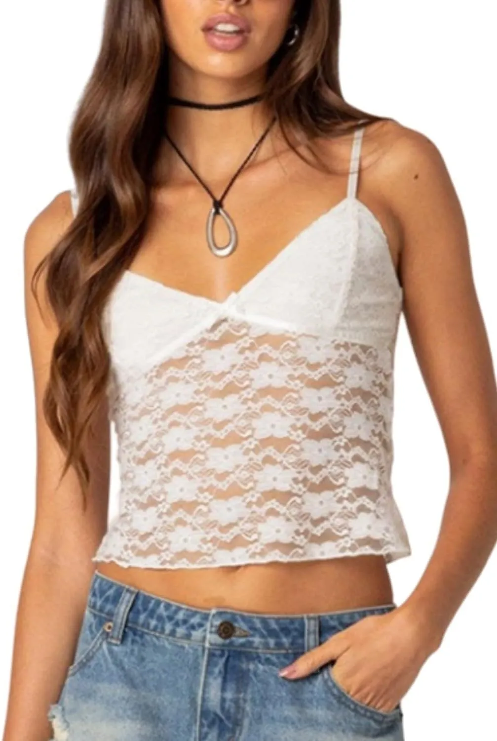 Women Sexy Lace Camisole Cute Crop Tops Sleeveless Slim Fit Low-Cut Mesh See-Through Y2K Tops Shirt