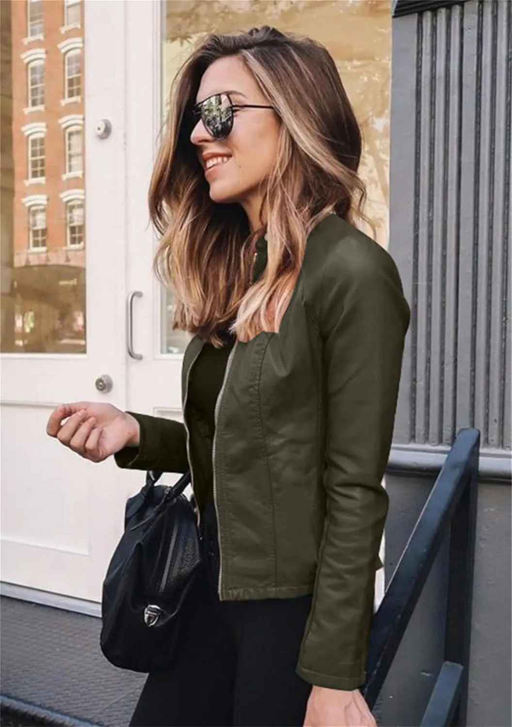 Women Solid Color Long Sleeve Jackets Stand Collar Zipper Coat Slim Casual Work Blazer