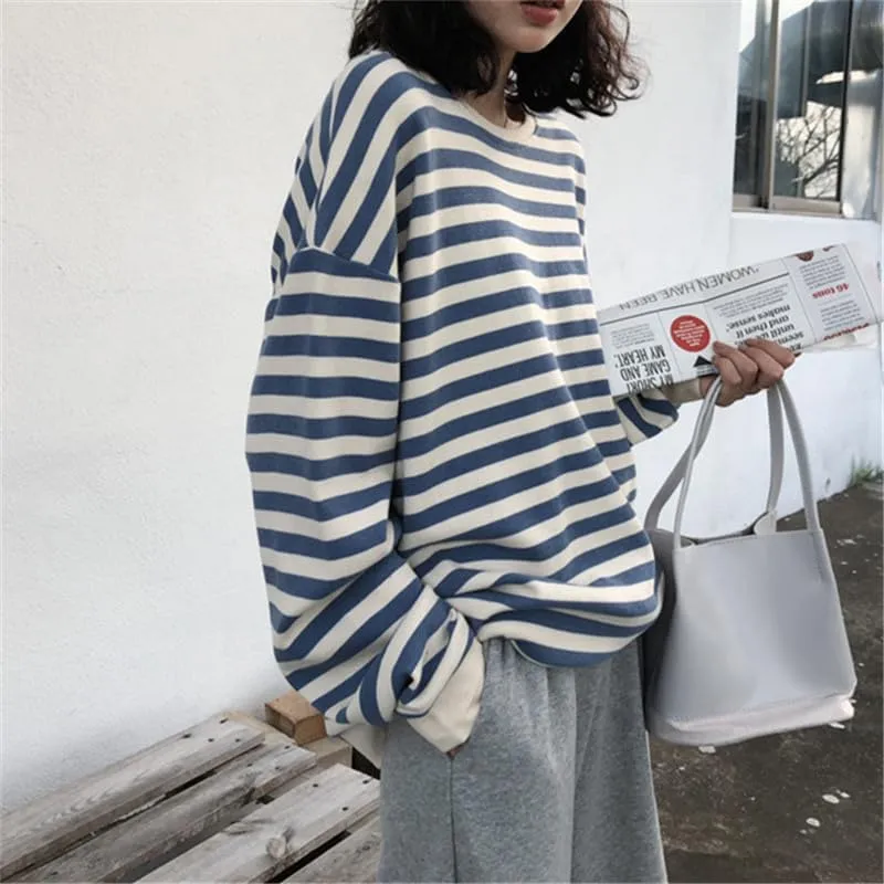 Women Striped Crewneck Sweatshirts Cute Letter Print Y2K Long Sleeve Oversized Vintage Tops Jackets Preppy Hoodie