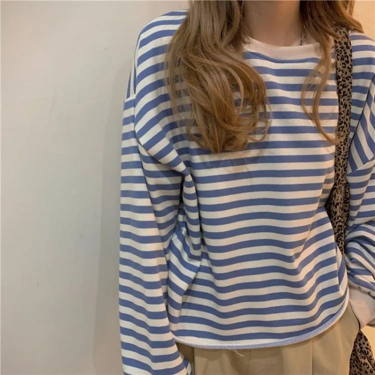 Women Striped Crewneck Sweatshirts Cute Letter Print Y2K Long Sleeve Oversized Vintage Tops Jackets Preppy Hoodie