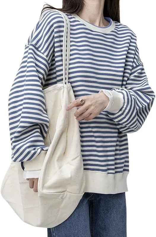 Women Striped Crewneck Sweatshirts Cute Letter Print Y2K Long Sleeve Oversized Vintage Tops Jackets Preppy Hoodie