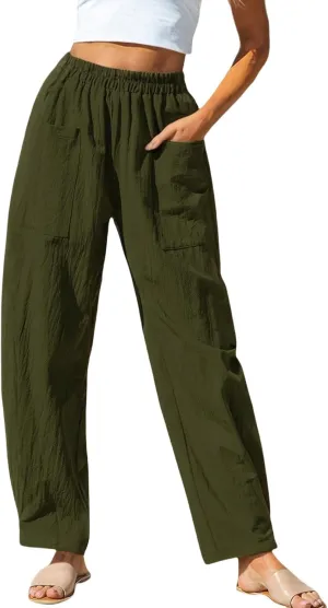 Women Summer Beach Vacation Pants Wide Leg Linen Elastic Waist Loose Palazzo Flowy Trousers with Pocket