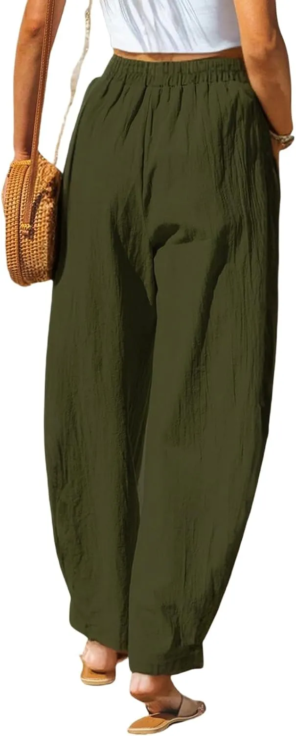 Women Summer Beach Vacation Pants Wide Leg Linen Elastic Waist Loose Palazzo Flowy Trousers with Pocket