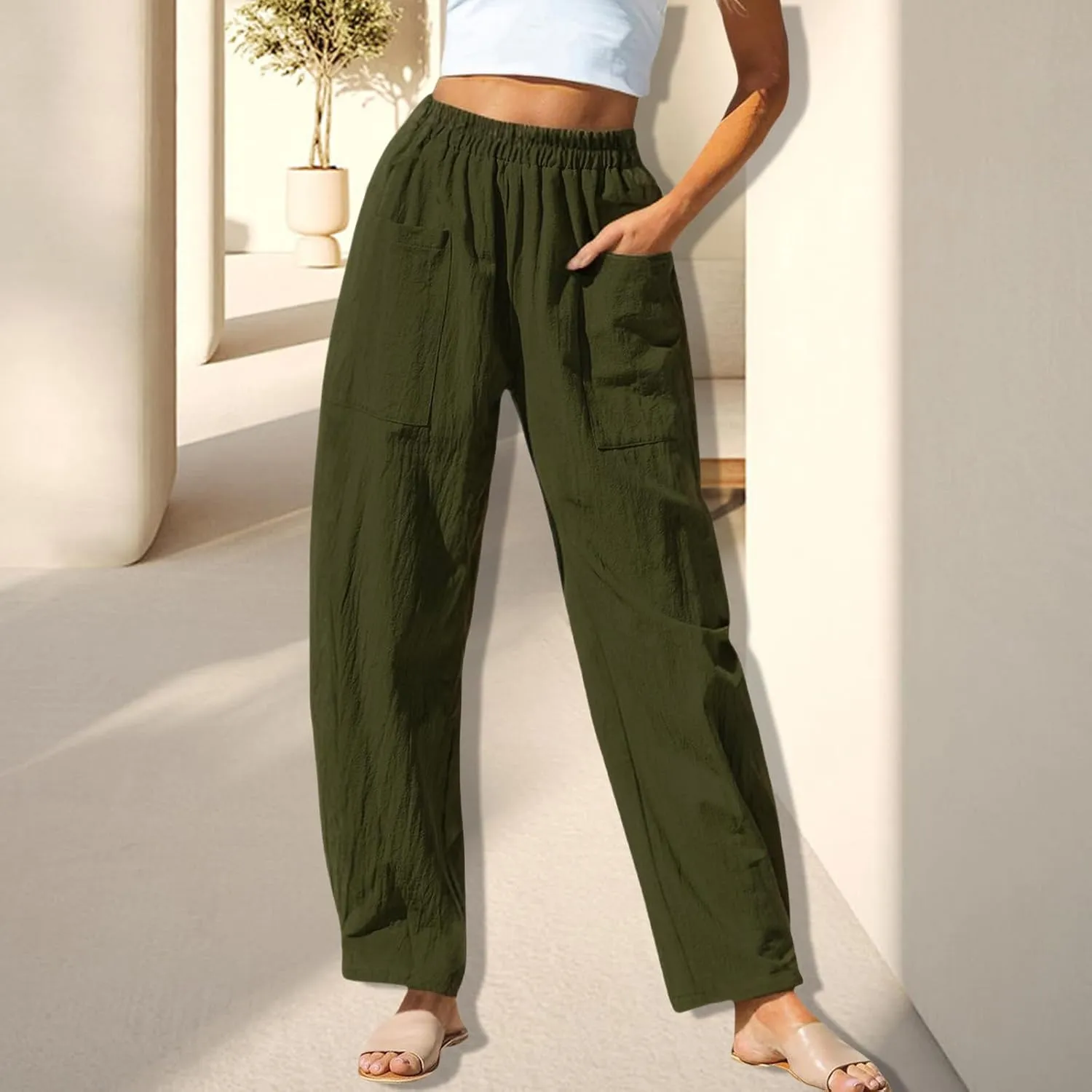 Women Summer Beach Vacation Pants Wide Leg Linen Elastic Waist Loose Palazzo Flowy Trousers with Pocket