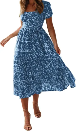 Women Summer Boho Dress Casual Beachwear Sundresses Flowy Floral Print Square Neck Ruffle Swing Long Maxi Dress