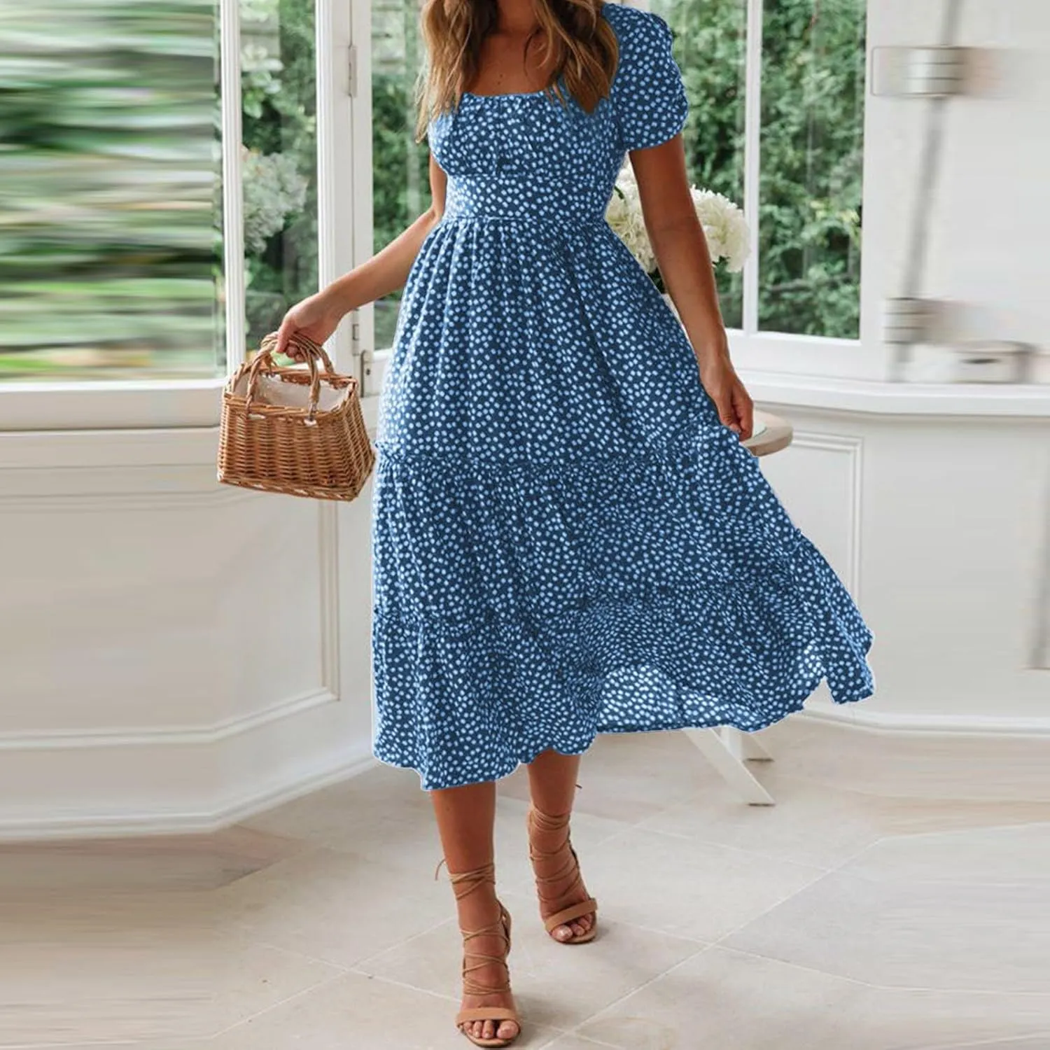 Women Summer Boho Dress Casual Beachwear Sundresses Flowy Floral Print Square Neck Ruffle Swing Long Maxi Dress