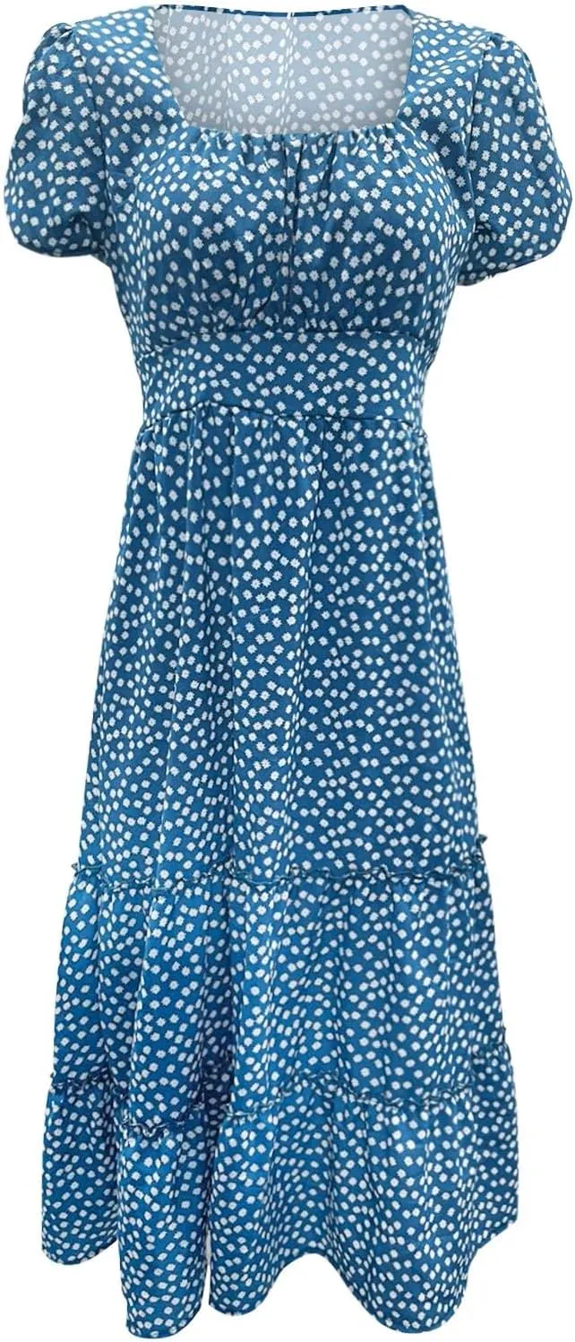 Women Summer Boho Dress Casual Beachwear Sundresses Flowy Floral Print Square Neck Ruffle Swing Long Maxi Dress