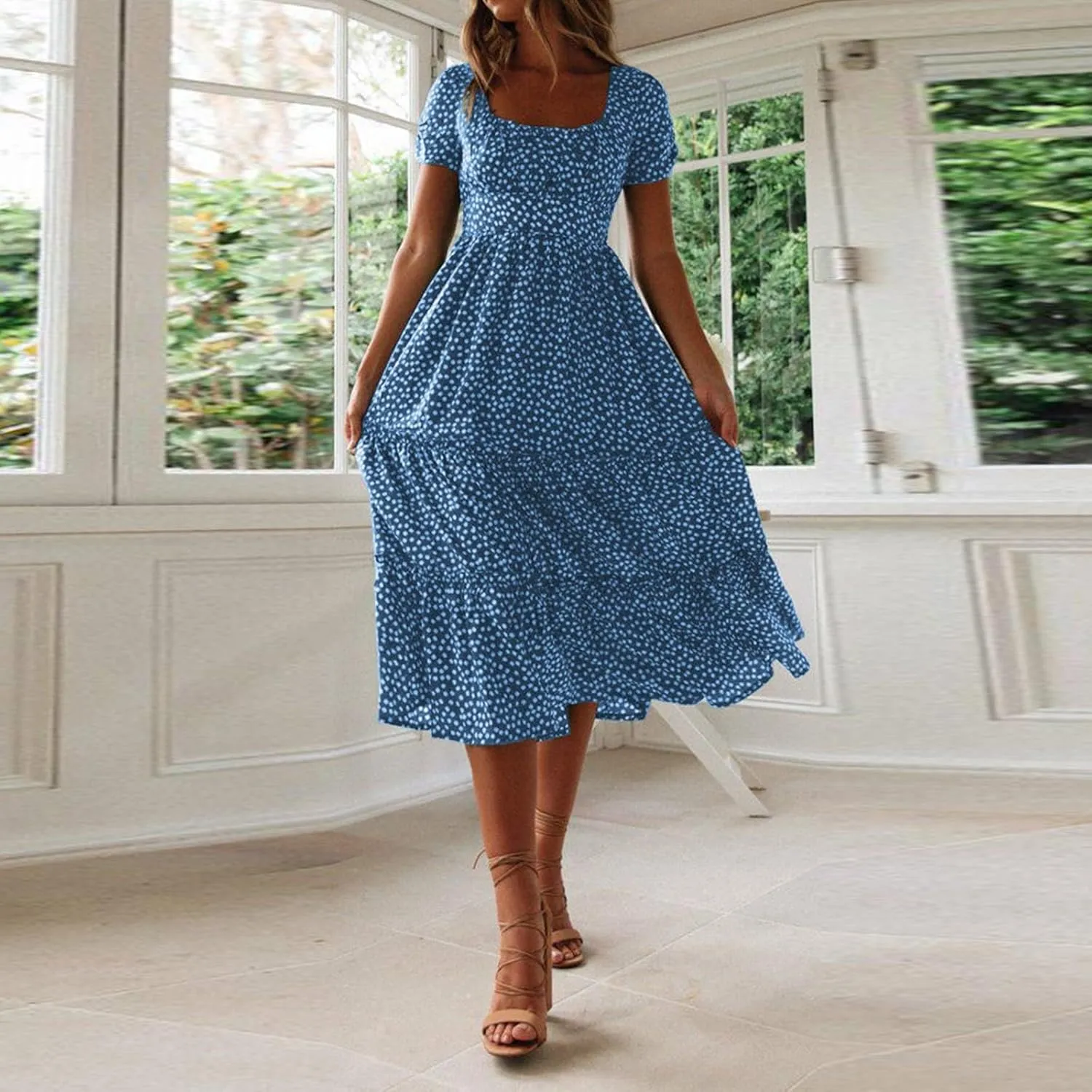 Women Summer Boho Dress Casual Beachwear Sundresses Flowy Floral Print Square Neck Ruffle Swing Long Maxi Dress