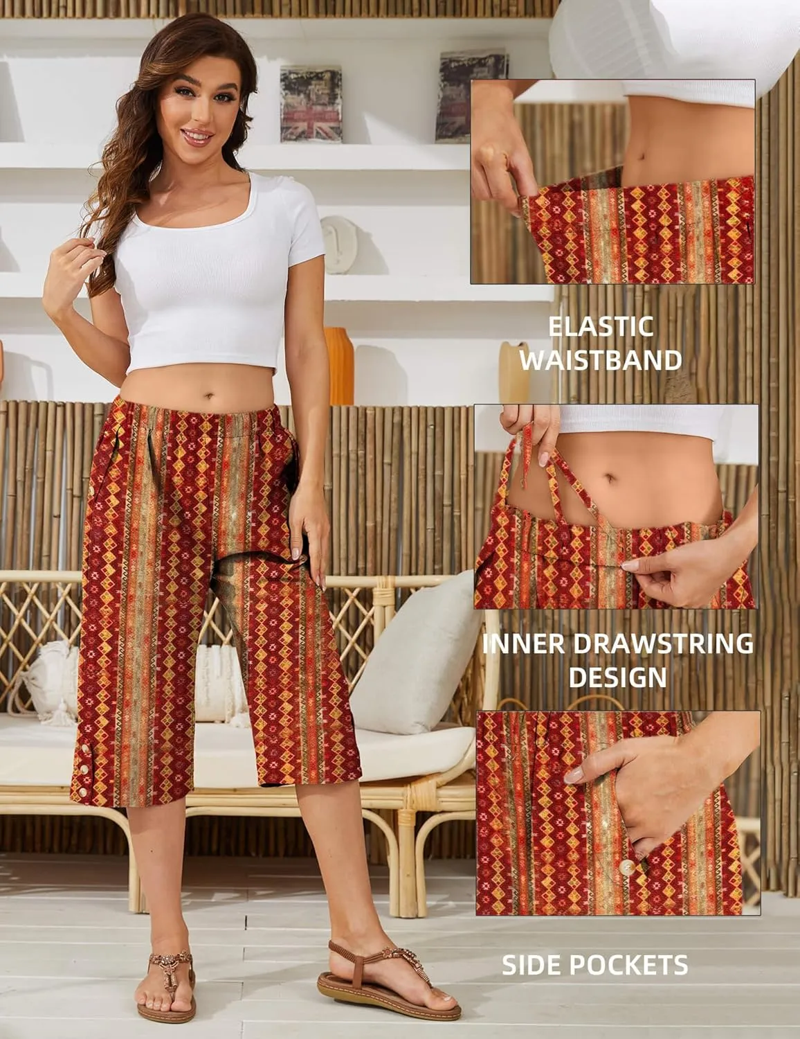 Women Summer Capri Pants Casual Wide Leg Elastic Waist Lightweight Cropped Loose Pants with Pockets