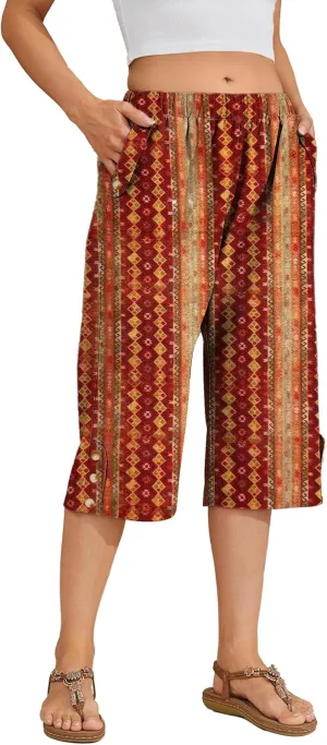 Women Summer Capri Pants Casual Wide Leg Elastic Waist Lightweight Cropped Loose Pants with Pockets
