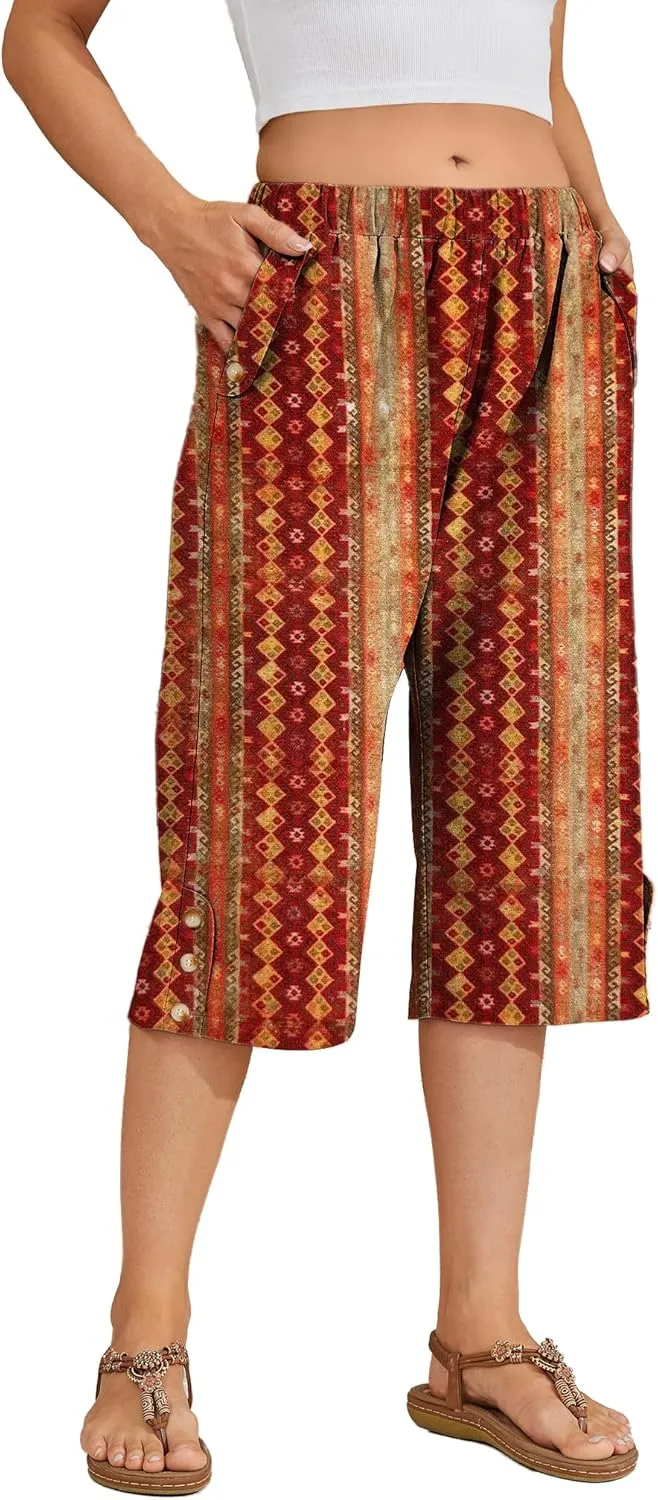 Women Summer Capri Pants Casual Wide Leg Elastic Waist Lightweight Cropped Loose Pants with Pockets