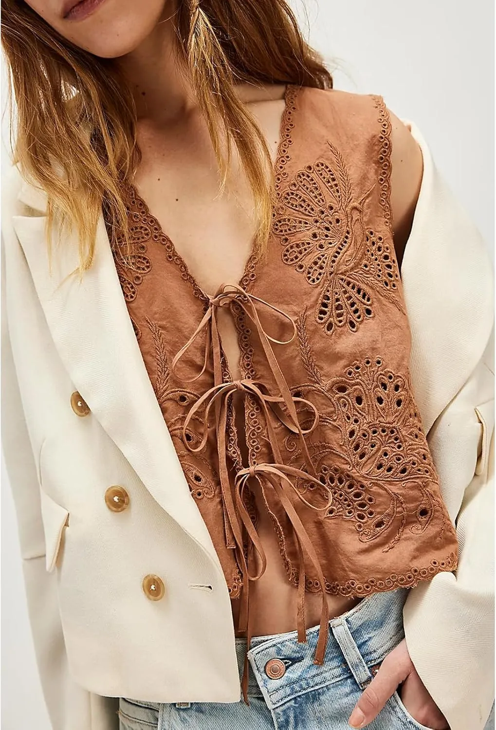 Women Tie Front Vest Floral Eyelet Embroidered Tank Y2K Sleeveless V Neck Crop Shirt Top Cute Going Out Tops