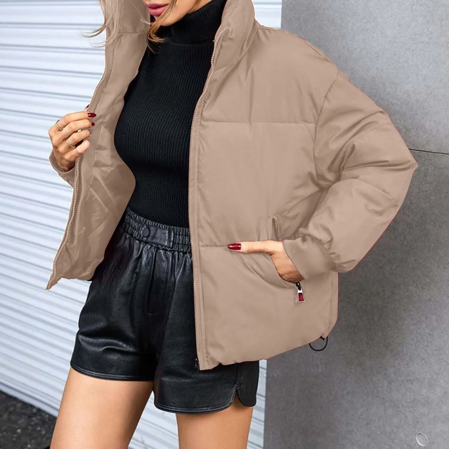 Women Winter Puffer Jacket Stand Collar Zip Up Quilted Outwear Baggy Packable Short Down Coats
