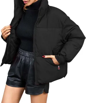 Women Winter Puffer Jacket Stand Collar Zip Up Quilted Outwear Baggy Packable Short Down Coats