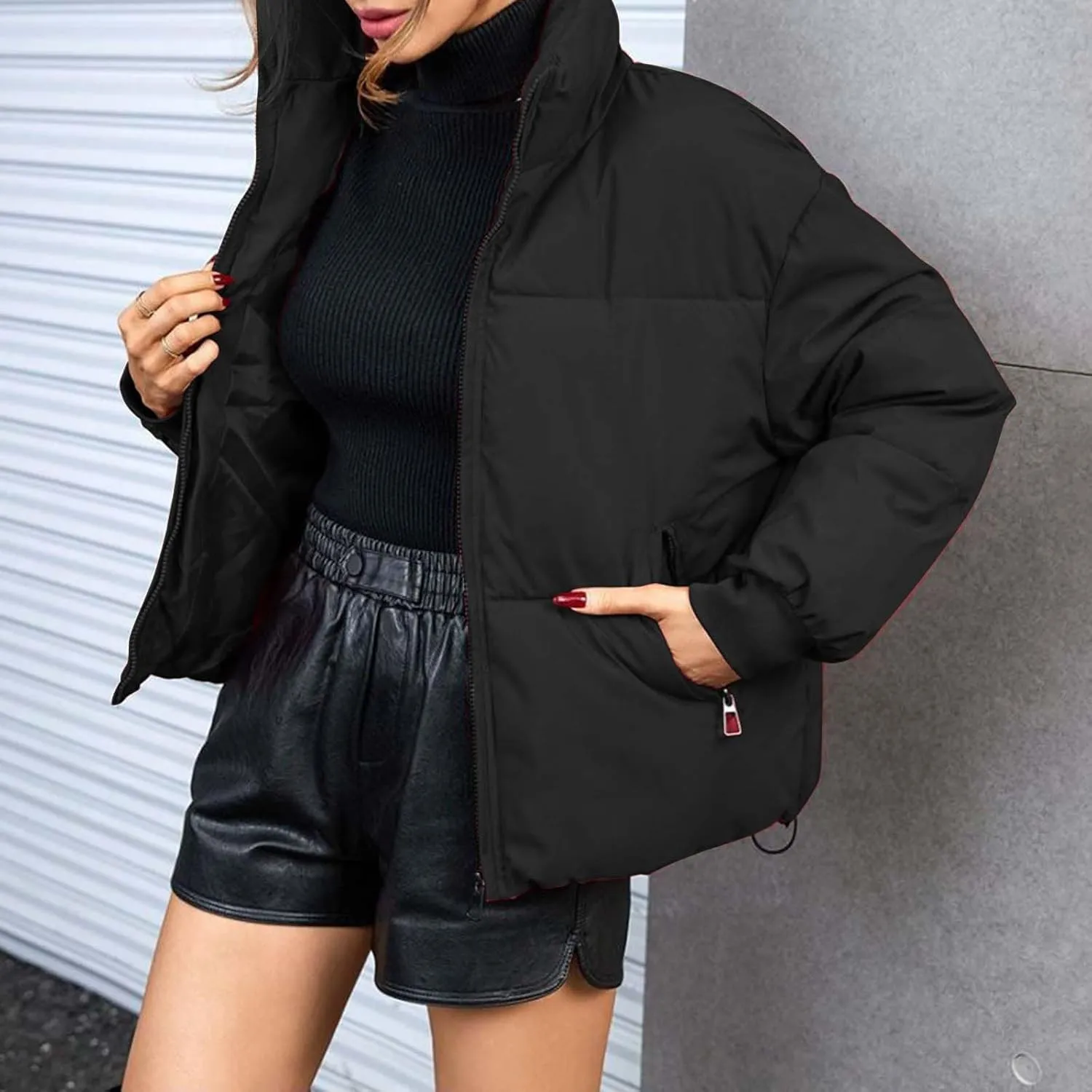 Women Winter Puffer Jacket Stand Collar Zip Up Quilted Outwear Baggy Packable Short Down Coats