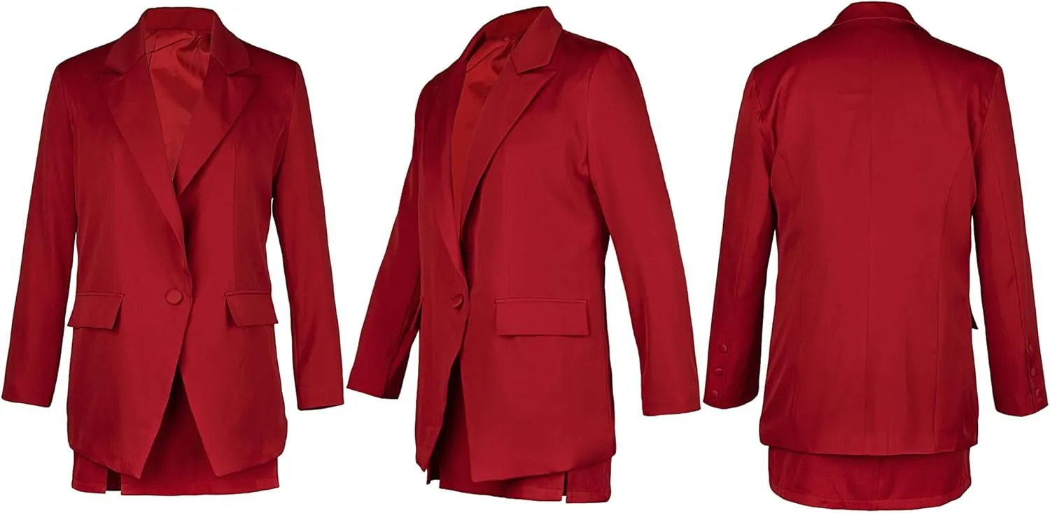 Women's 2 Piece Blazer and Skirt Suits, Open Front Blazer Jackets   Side Slit Mini Skirts