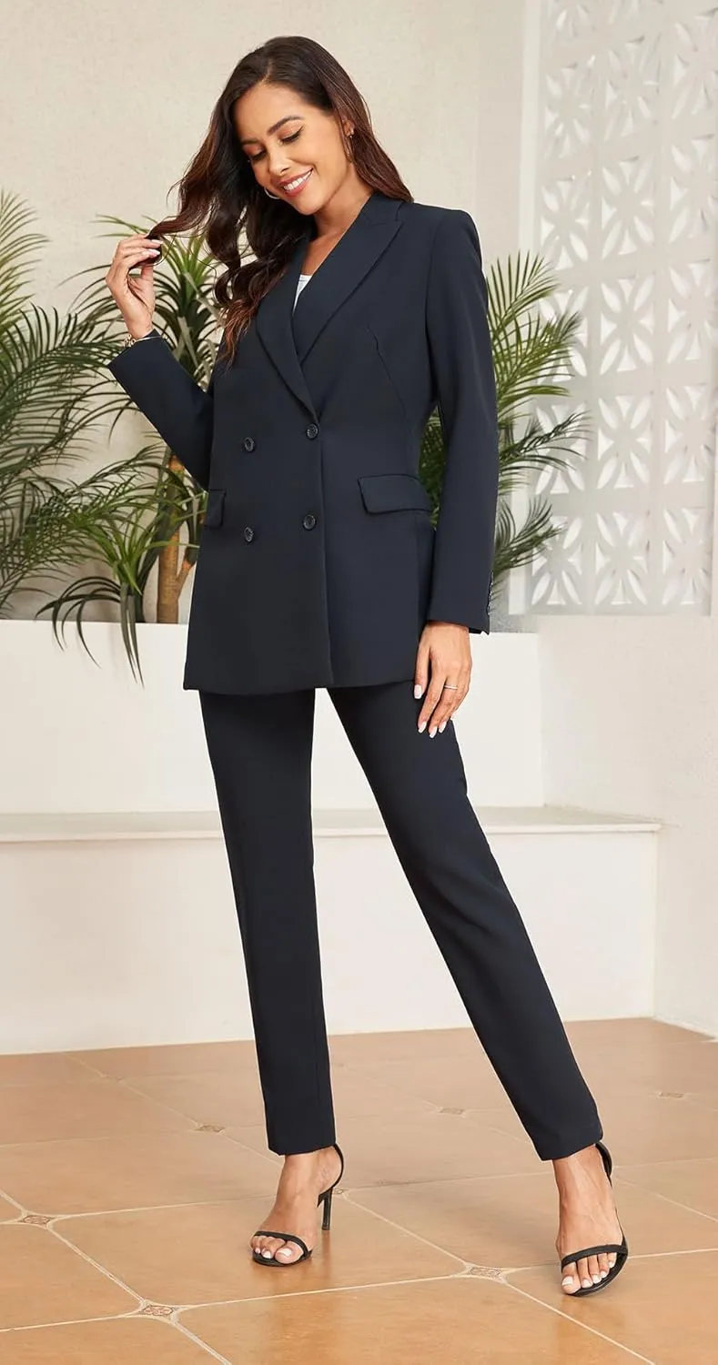 Women's 2 Pieces Pant Suits, Double Breasted Blazer Set, Casual Loose Long Blazer Jackets and Long Pant Suits with Pockets