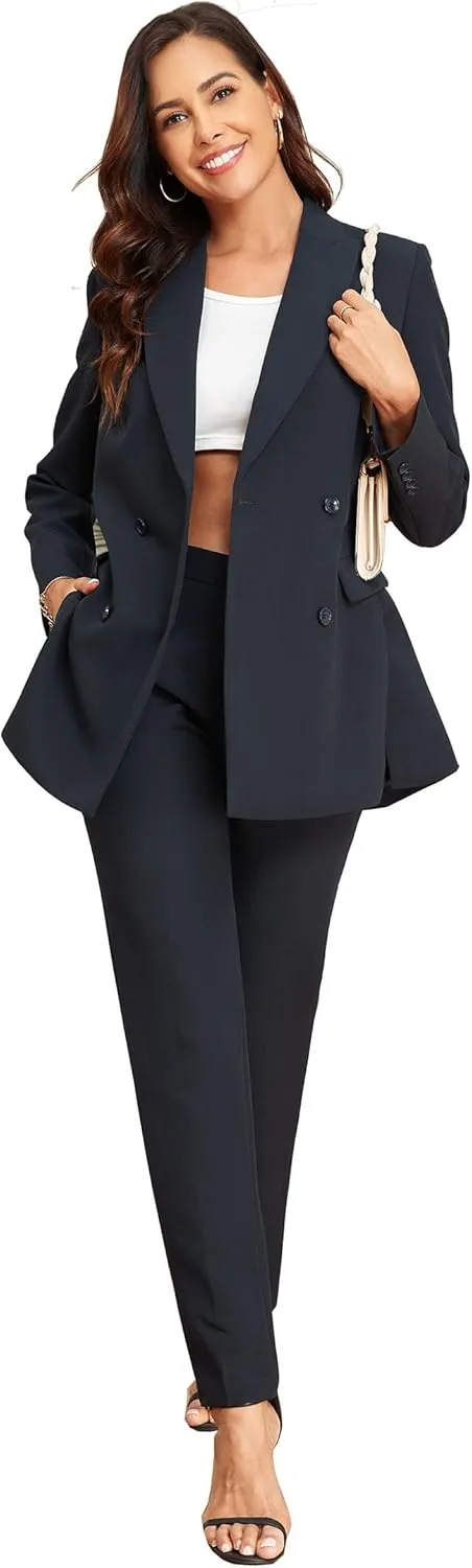 Women's 2 Pieces Pant Suits, Double Breasted Blazer Set, Casual Loose Long Blazer Jackets and Long Pant Suits with Pockets