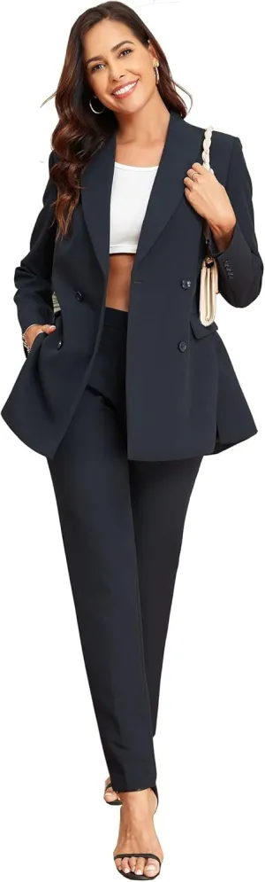 Women's 2 Pieces Pant Suits, Double Breasted Blazer Set, Casual Loose Long Blazer Jackets and Long Pant Suits with Pockets