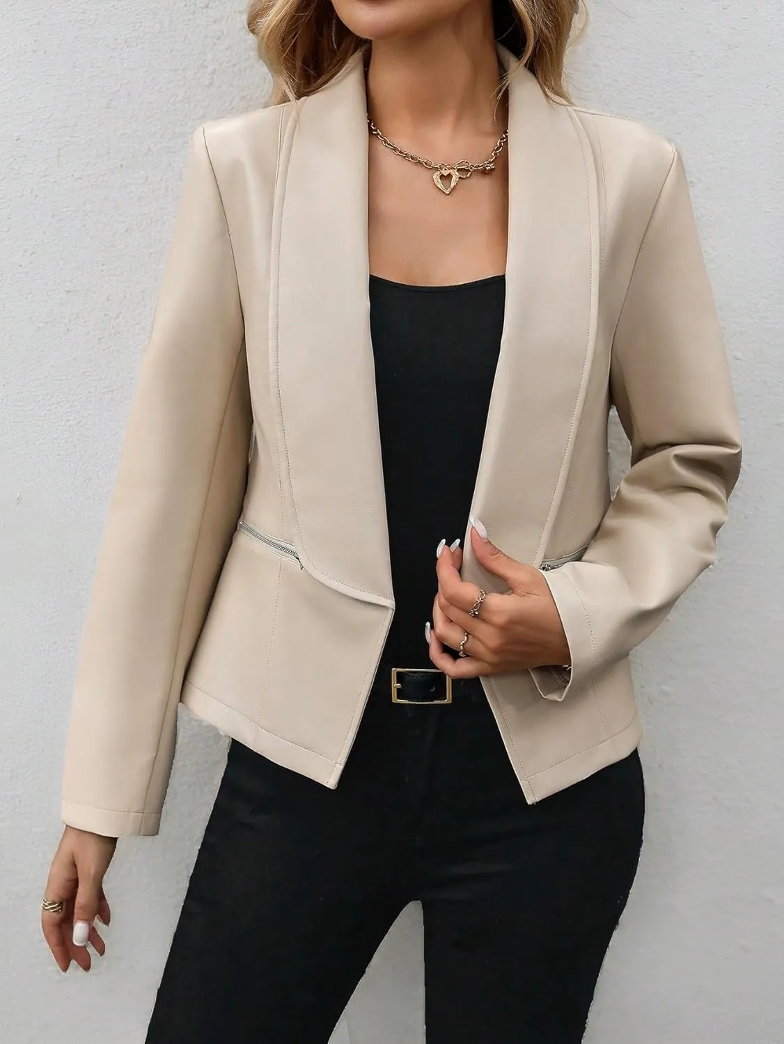 Womens 2024 Fashion Winter Trendy Jackets Elegant PU Leather Lapel Long Sleeve Jacket