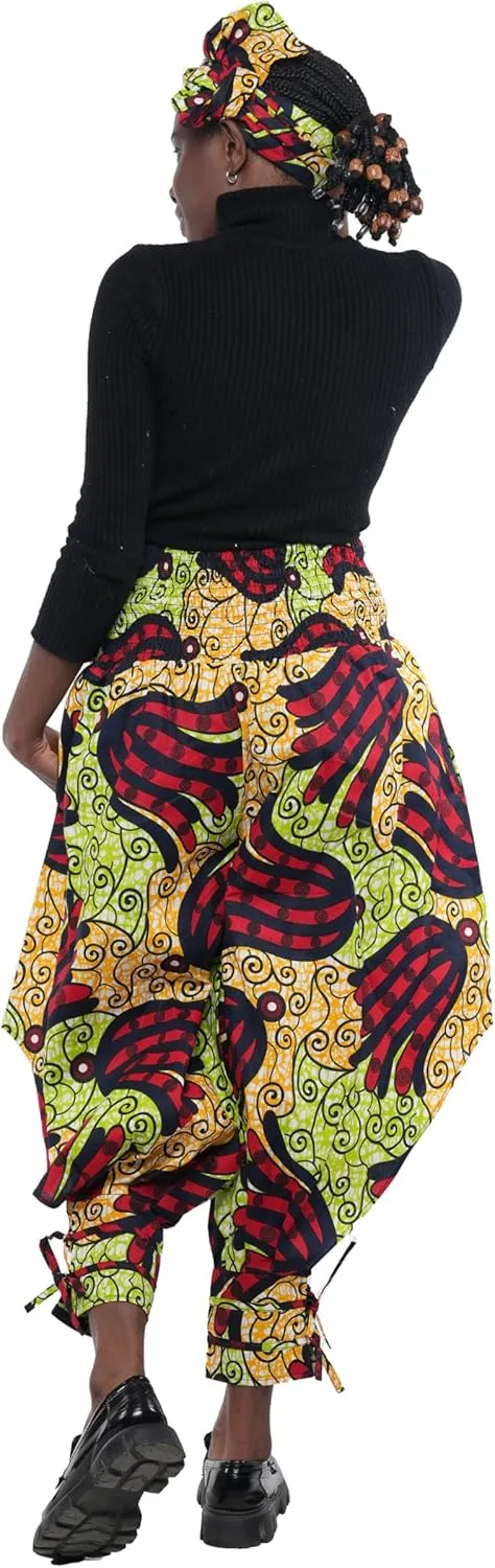 Women's African Smoked Harem Pants with Ties & Matching Head Wrap, 2 Deep Pockets & Elastic Waist|
