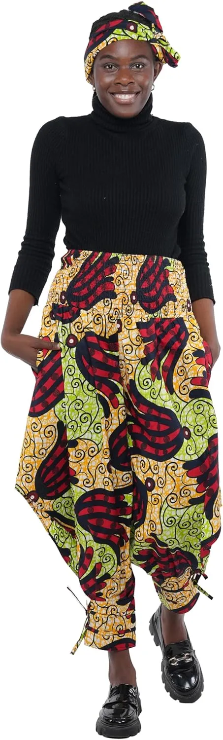 Women's African Smoked Harem Pants with Ties & Matching Head Wrap, 2 Deep Pockets & Elastic Waist|