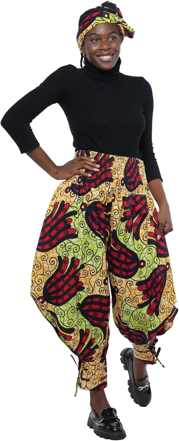 Women's African Smoked Harem Pants with Ties & Matching Head Wrap, 2 Deep Pockets & Elastic Waist|
