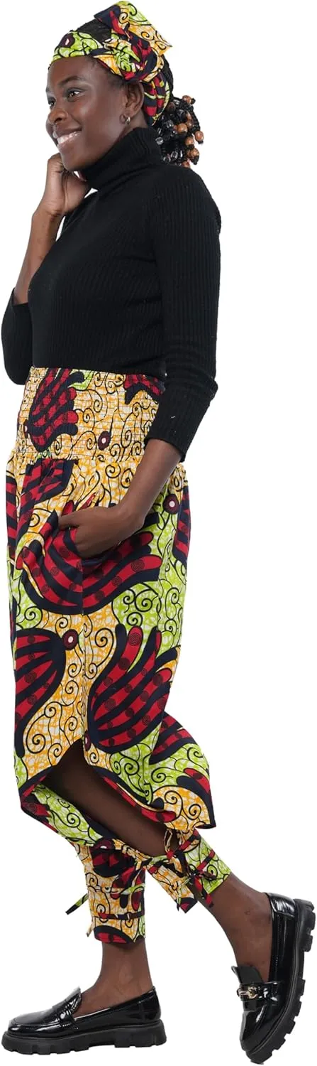 Women's African Smoked Harem Pants with Ties & Matching Head Wrap, 2 Deep Pockets & Elastic Waist|