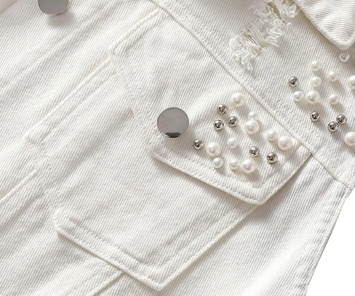 Womens Beading Pearls Denim Button Vest Ripped Waistcoatvest Sleeveless Jean Jacket