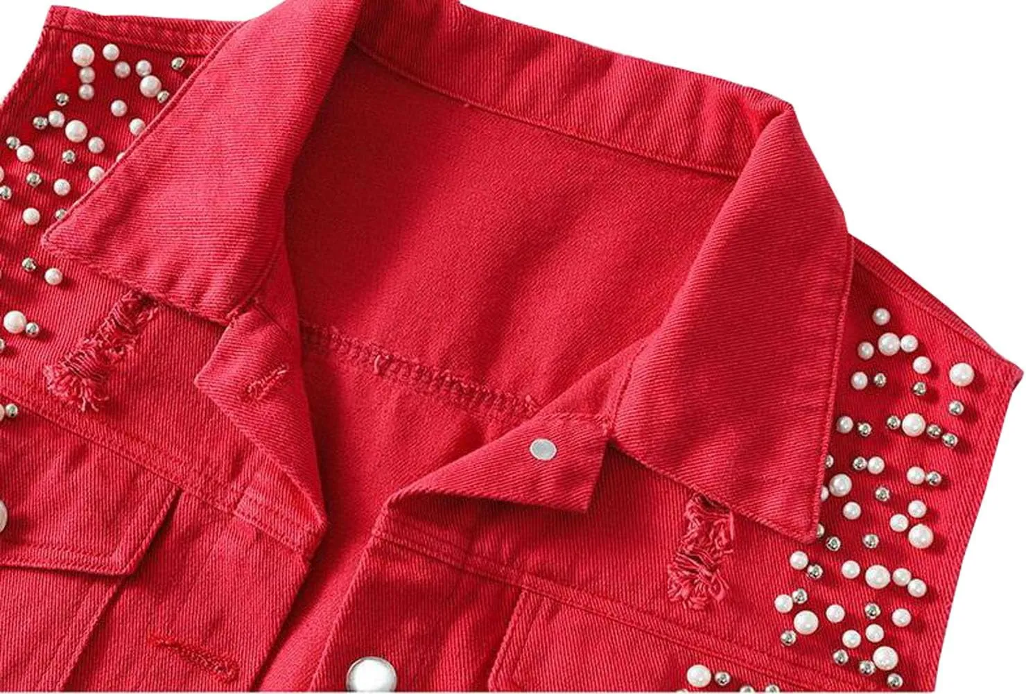 Womens Beading Pearls Denim Button Vest Ripped Waistcoatvest Sleeveless Jean Jacket