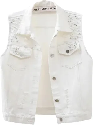 Womens Beading Pearls Denim Button Vest Ripped Waistcoatvest Sleeveless Jean Jacket
