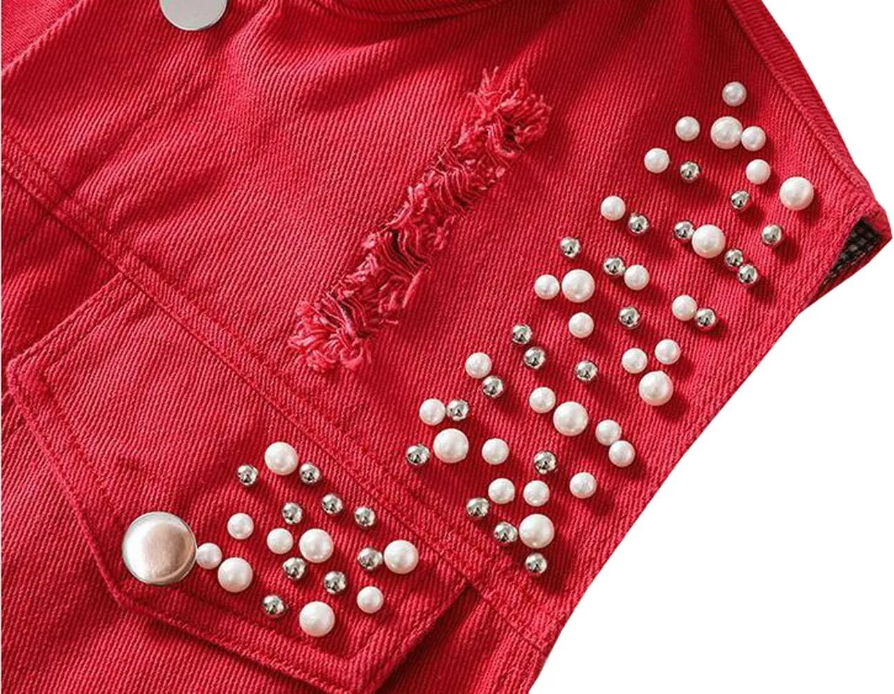 Womens Beading Pearls Denim Button Vest Ripped Waistcoatvest Sleeveless Jean Jacket