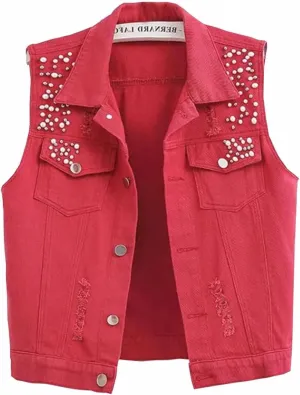 Womens Beading Pearls Denim Button Vest Ripped Waistcoatvest Sleeveless Jean Jacket
