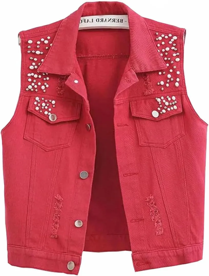 Womens Beading Pearls Denim Button Vest Ripped Waistcoatvest Sleeveless Jean Jacket