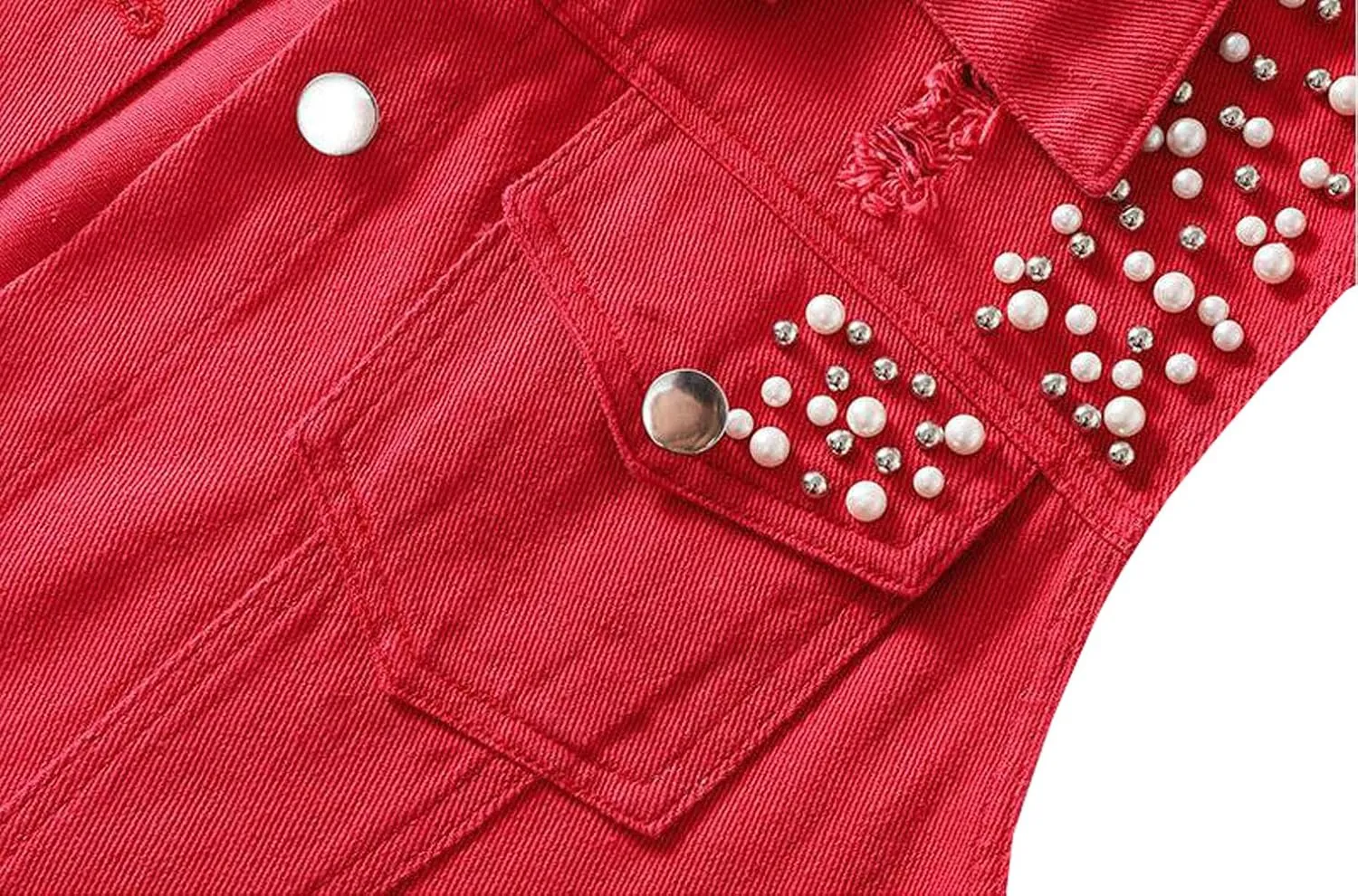 Womens Beading Pearls Denim Button Vest Ripped Waistcoatvest Sleeveless Jean Jacket