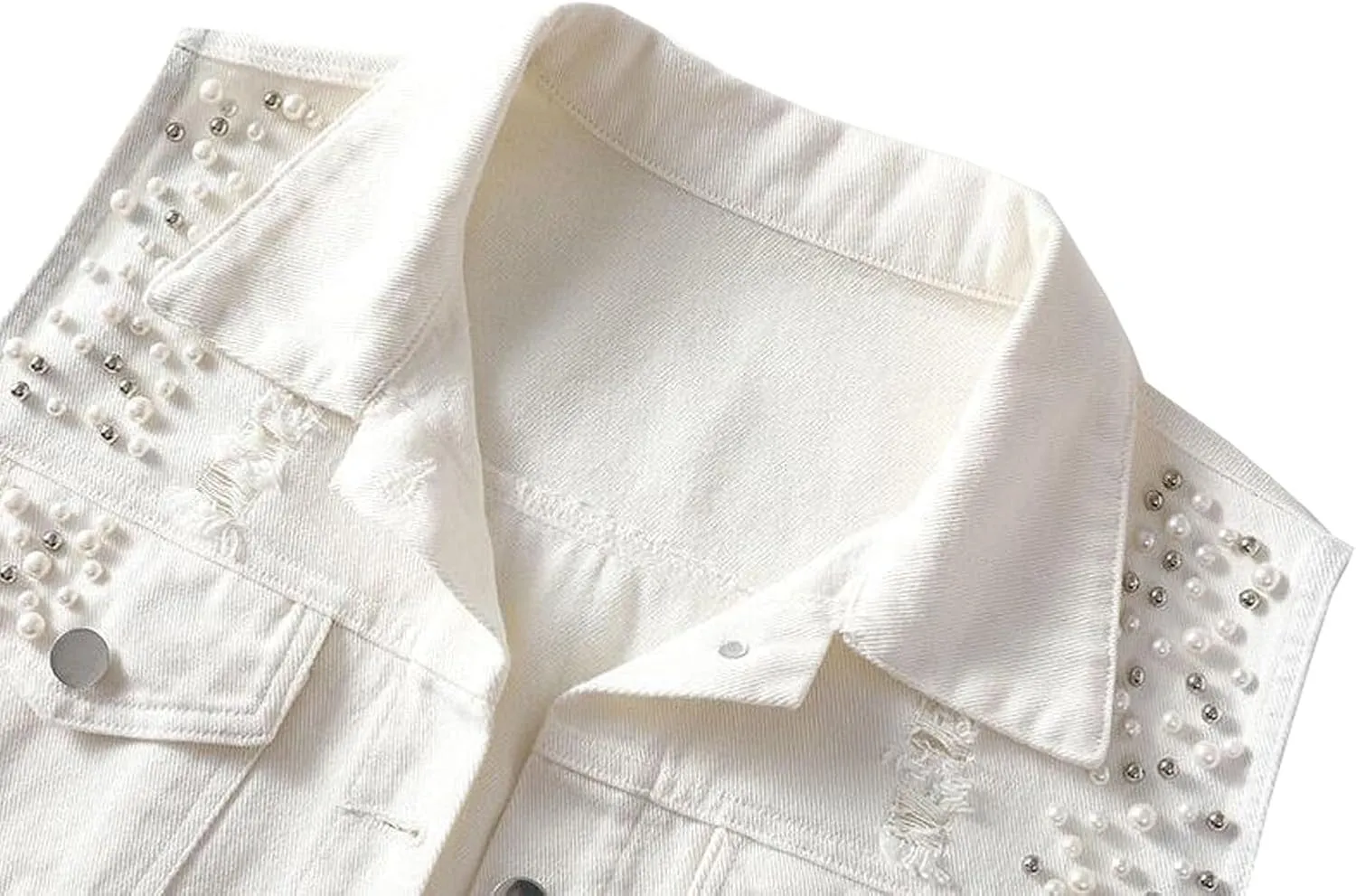 Womens Beading Pearls Denim Button Vest Ripped Waistcoatvest Sleeveless Jean Jacket