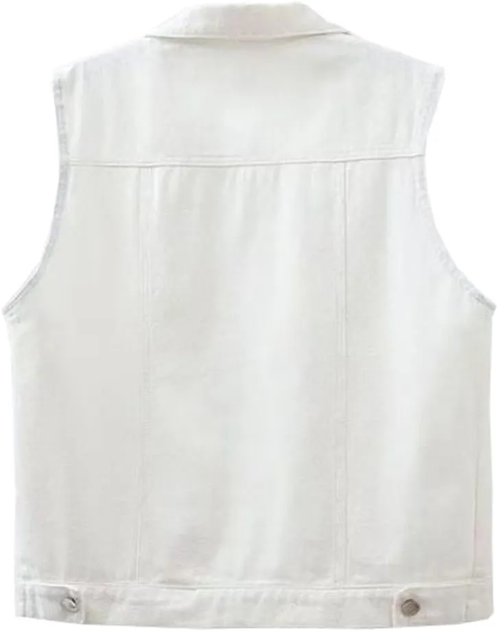 Womens Beading Pearls Denim Button Vest Ripped Waistcoatvest Sleeveless Jean Jacket