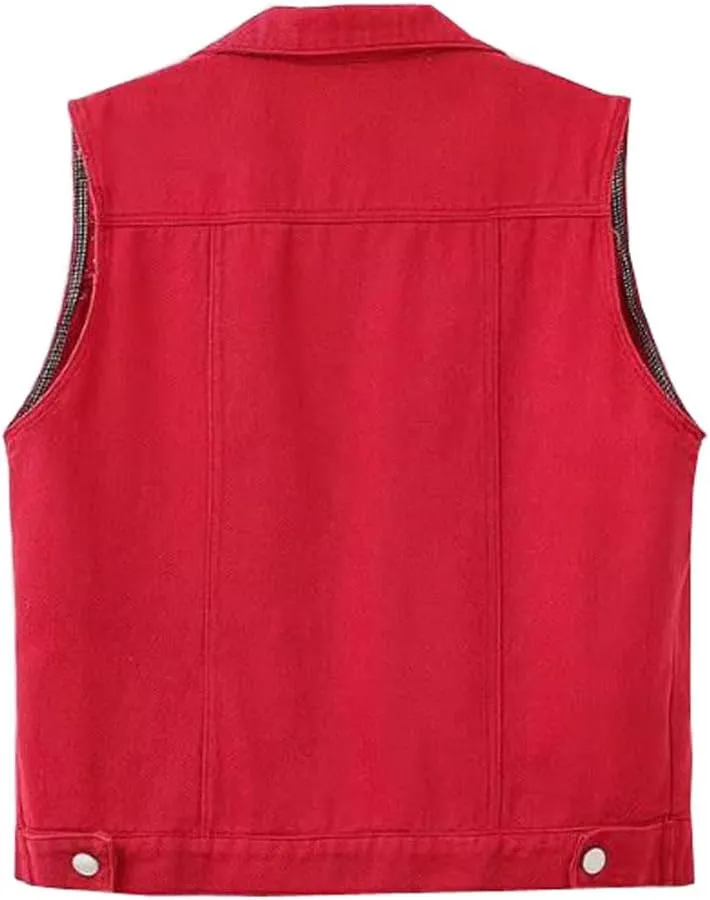 Womens Beading Pearls Denim Button Vest Ripped Waistcoatvest Sleeveless Jean Jacket