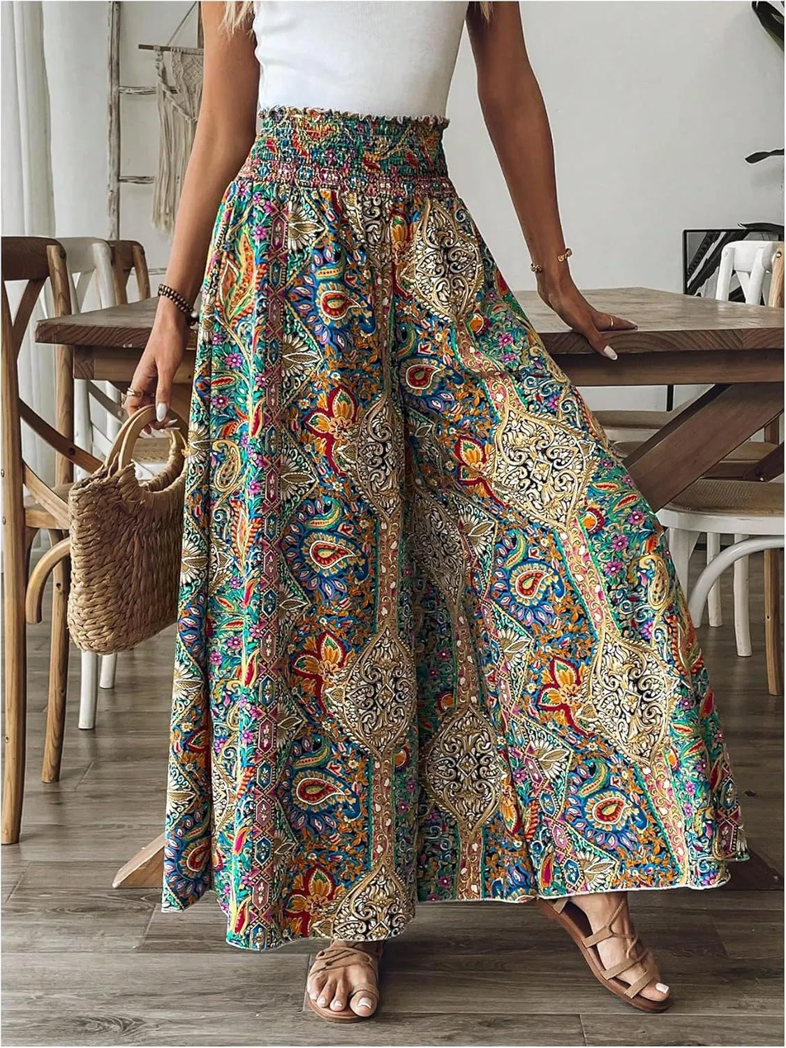 Women's Boho Paisley Print High Elastic Waist Loose Wide Leg Pants Vacation Holiday Palazzo Trousers