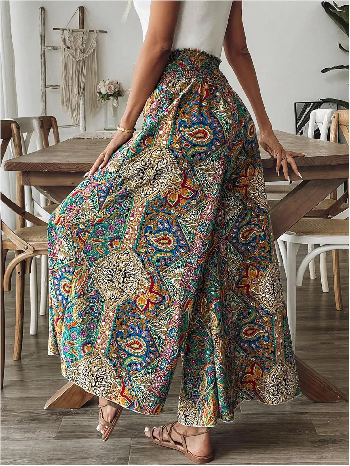 Women's Boho Paisley Print High Elastic Waist Loose Wide Leg Pants Vacation Holiday Palazzo Trousers