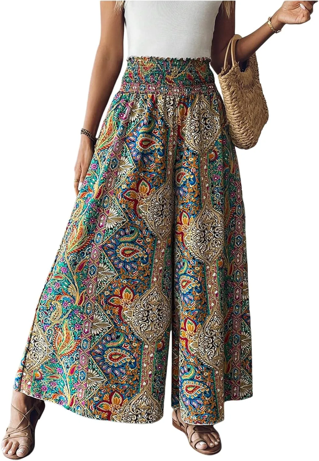 Women's Boho Paisley Print High Elastic Waist Loose Wide Leg Pants Vacation Holiday Palazzo Trousers