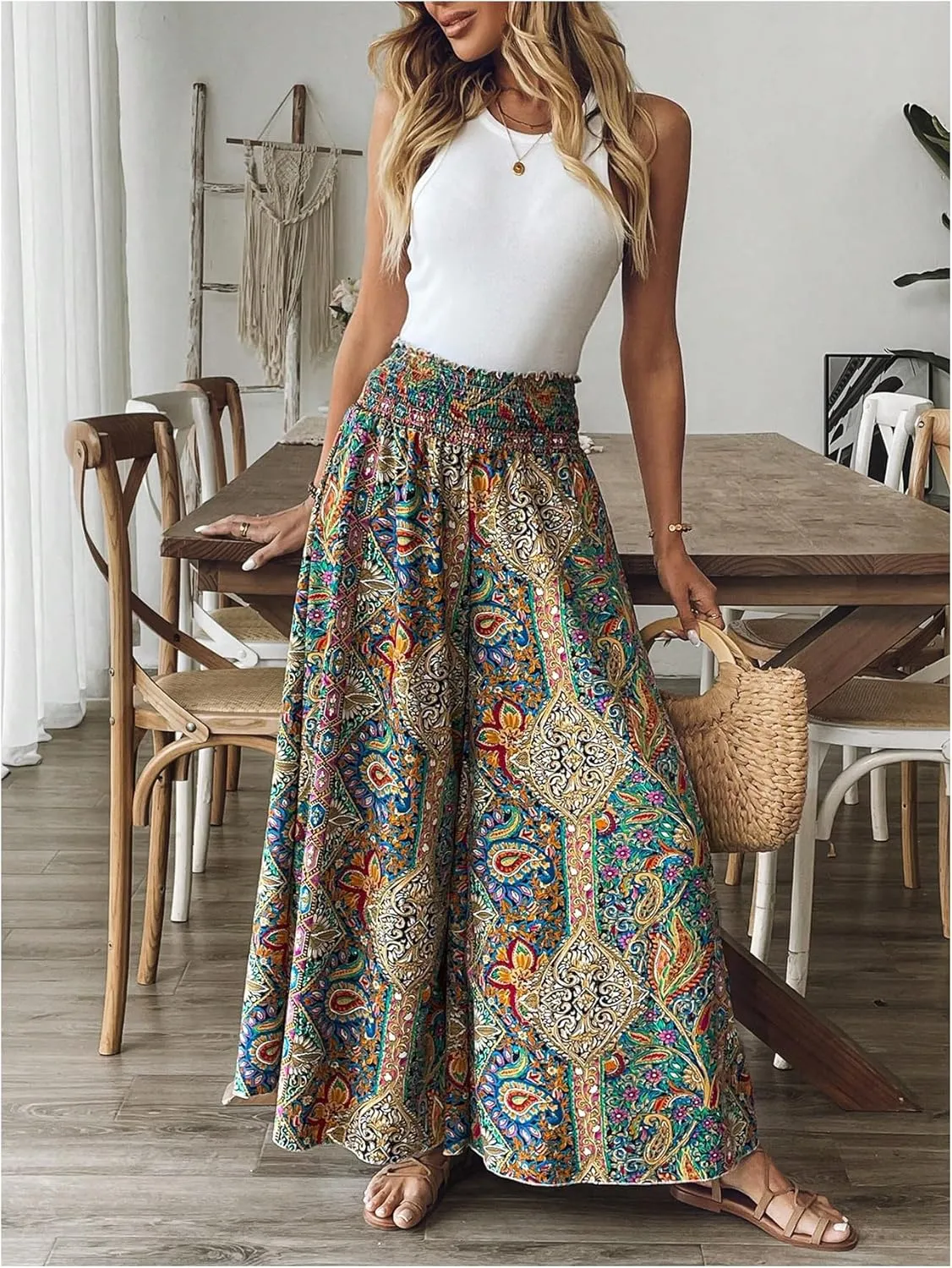 Women's Boho Paisley Print High Elastic Waist Loose Wide Leg Pants Vacation Holiday Palazzo Trousers