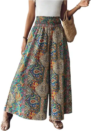 Women's Boho Paisley Print High Elastic Waist Loose Wide Leg Pants Vacation Holiday Palazzo Trousers