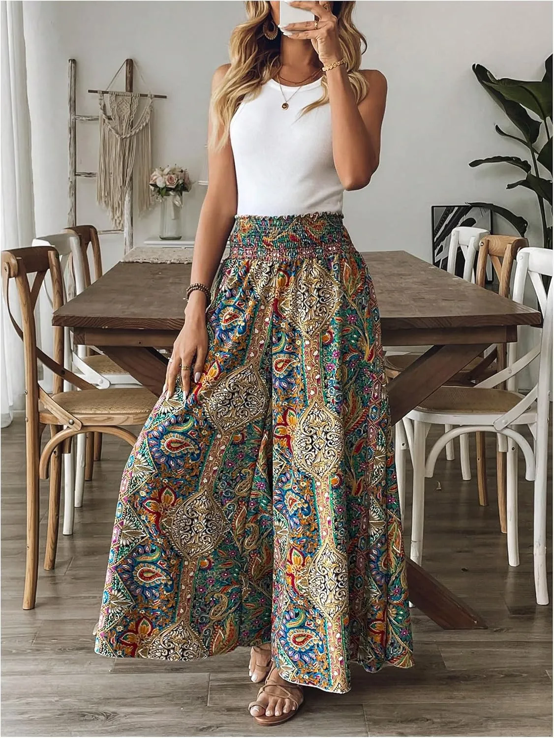 Women's Boho Paisley Print High Elastic Waist Loose Wide Leg Pants Vacation Holiday Palazzo Trousers
