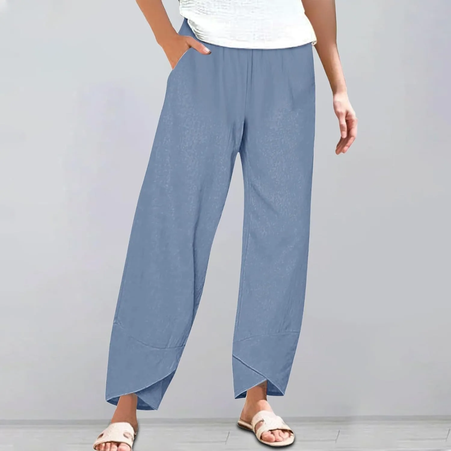 Women's Capri Pants Casual Cotton Linen Cropped Lounge Pants Trousers Pockets Elastic Waist Capris Pant for Women