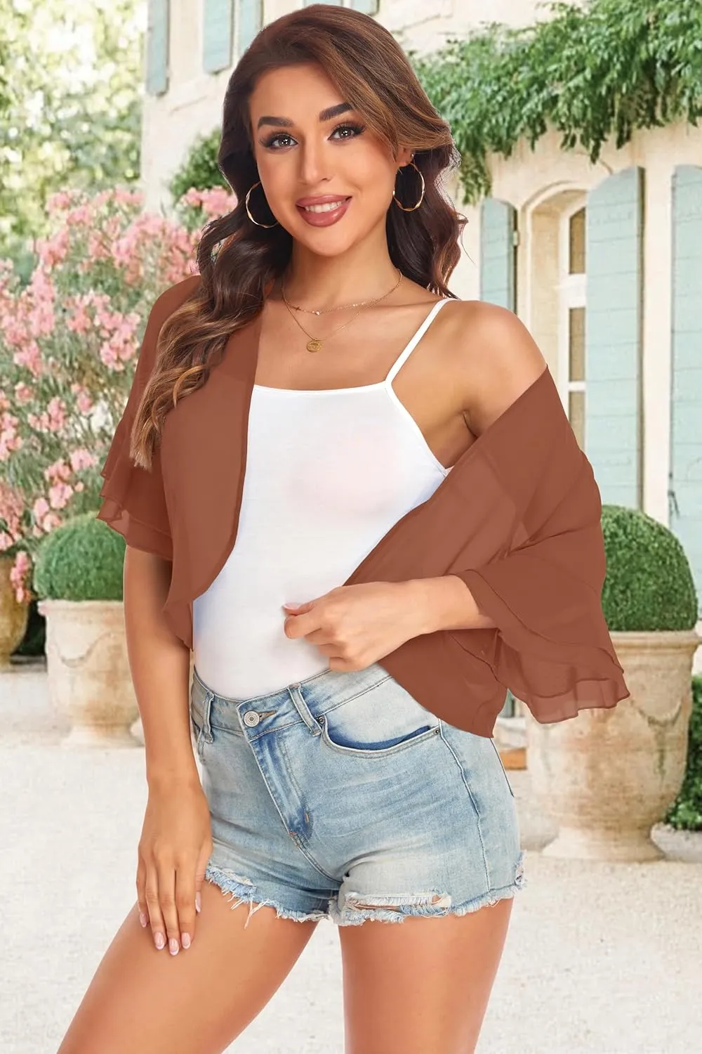 Women's Cardigan Bolero Shrug Ruffle Short Sleeve Open Front Loose Sheer Jackets for Tops