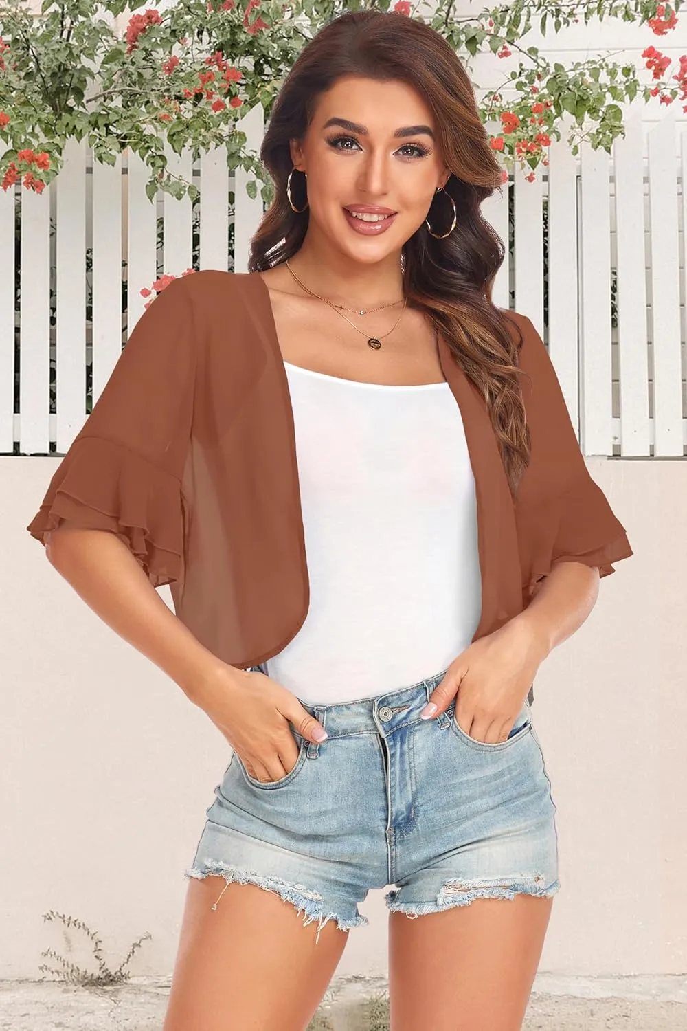 Women's Cardigan Bolero Shrug Ruffle Short Sleeve Open Front Loose Sheer Jackets for Tops