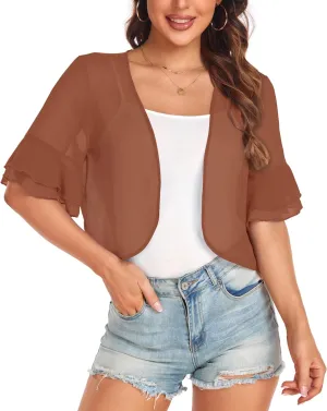 Women's Cardigan Bolero Shrug Ruffle Short Sleeve Open Front Loose Sheer Jackets for Tops
