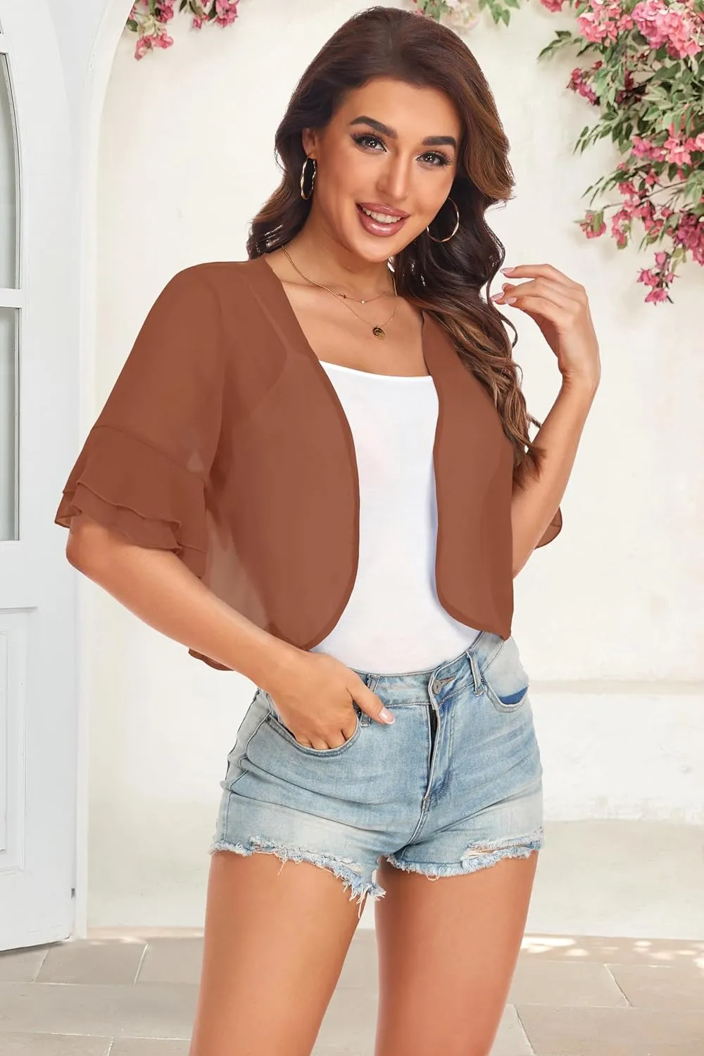Women's Cardigan Bolero Shrug Ruffle Short Sleeve Open Front Loose Sheer Jackets for Tops